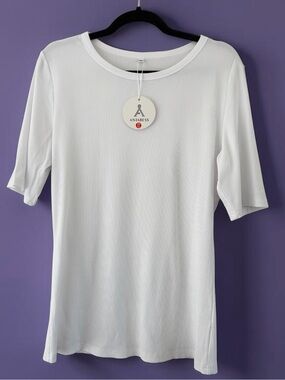 New Elbow Length Sleeve  White Ribbed Tee